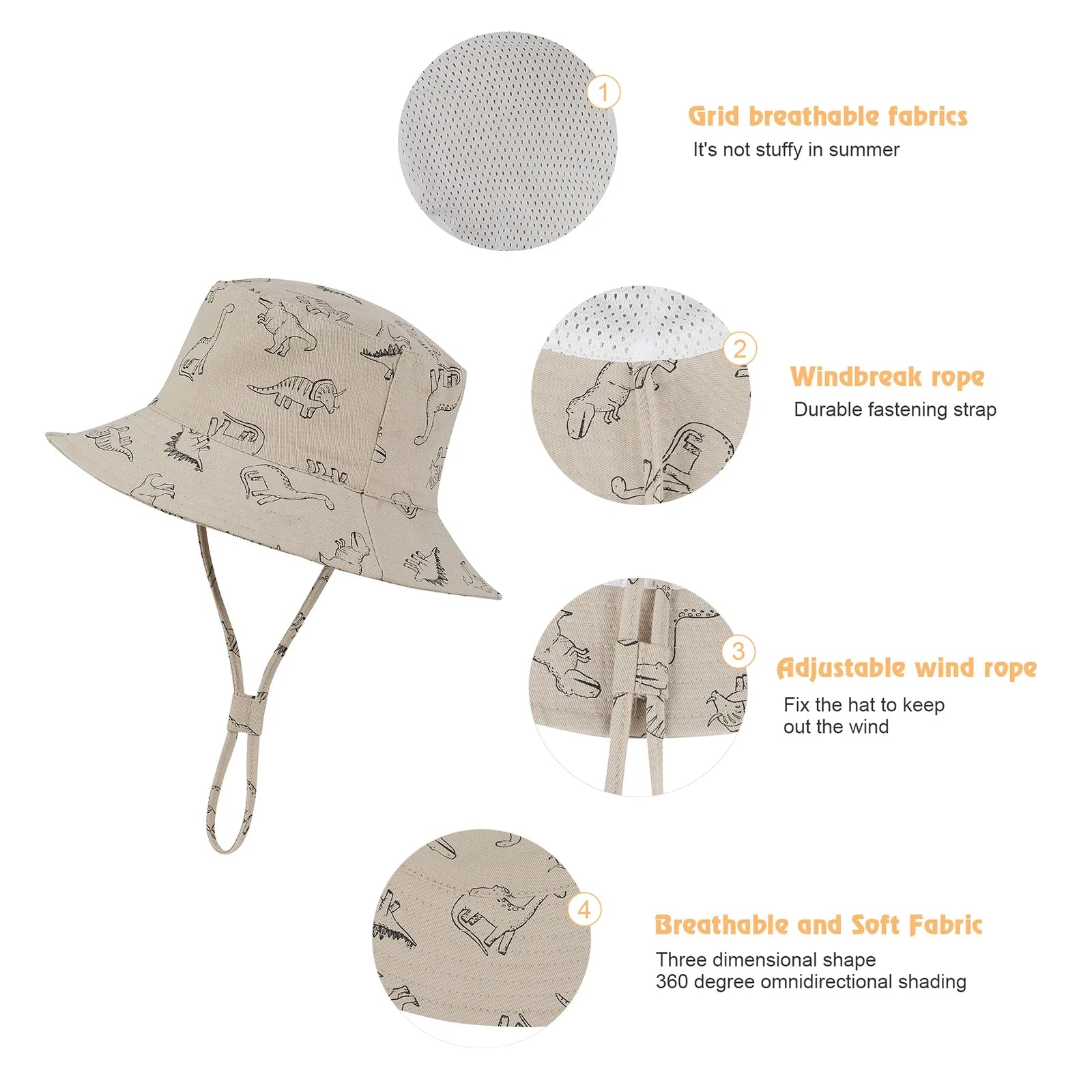 Baby Sun Hat UPF 50+ Sun Protection Summer Beach Hat Cute Baby Bucket Hat Wide Brim Toddler Sun Hats for Boys Girls Khaki Dinosaur M