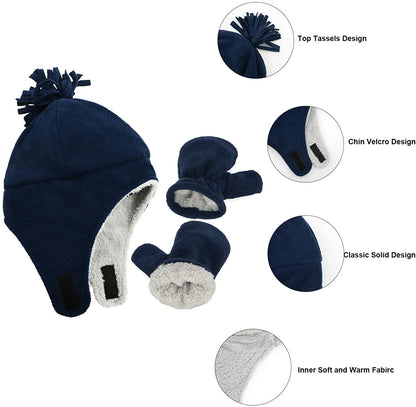 Baby Kids Winter Hats and Gloves Sets for Boys Navy Blue Warm Polar Fleece Earmuffs Beanie Hat Navy 2-12 Months